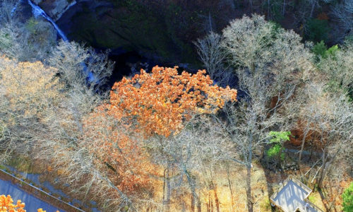 An aerial view of a viewing platform above a waterfall