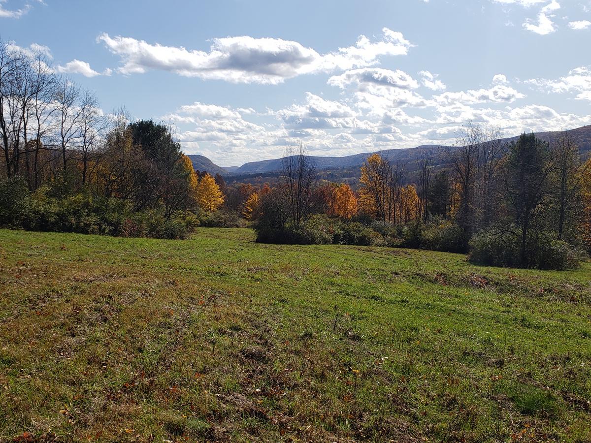 A view of hillsides and open fields with autumn colors