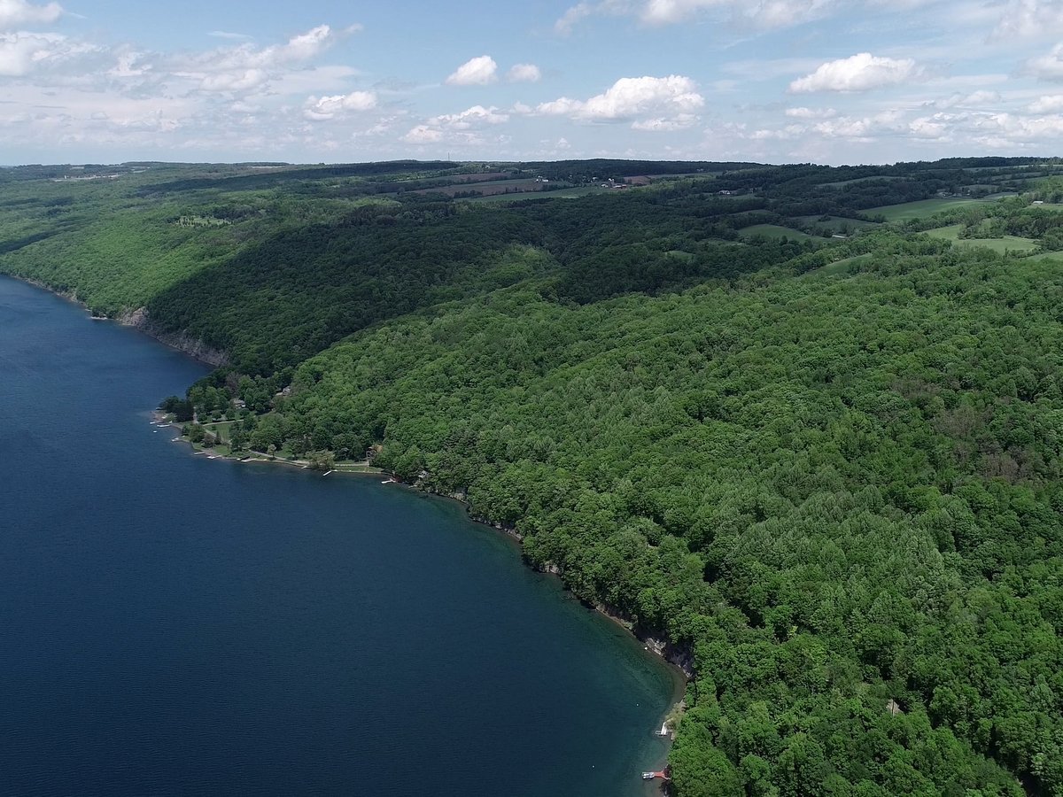 An aerial view of Skaneateles Lake