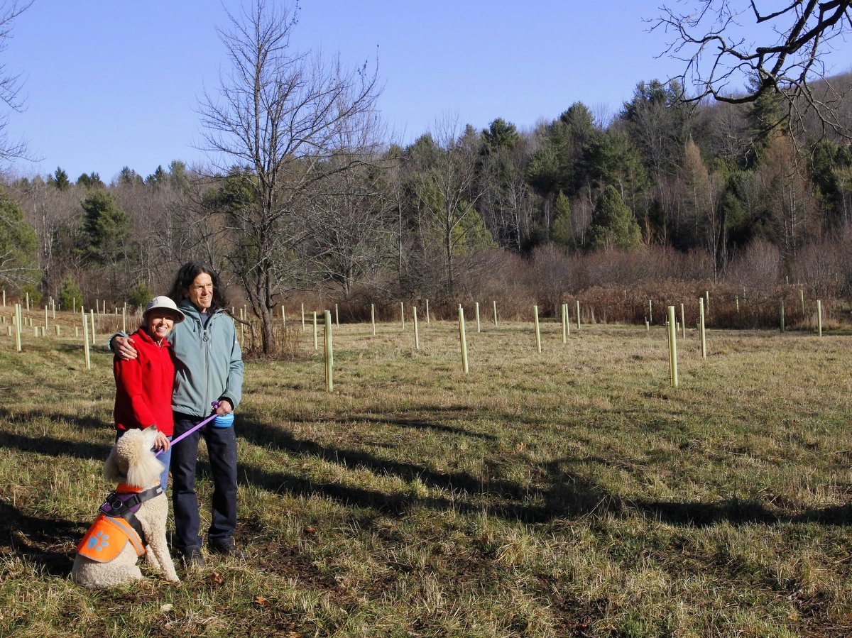 A man and woman with their dog standing in an open field