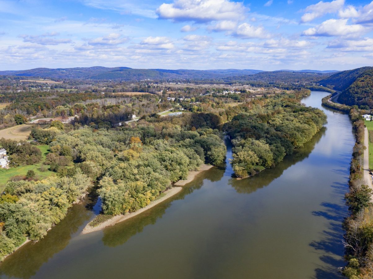 An aerial view of two islands in the Susquehanna River