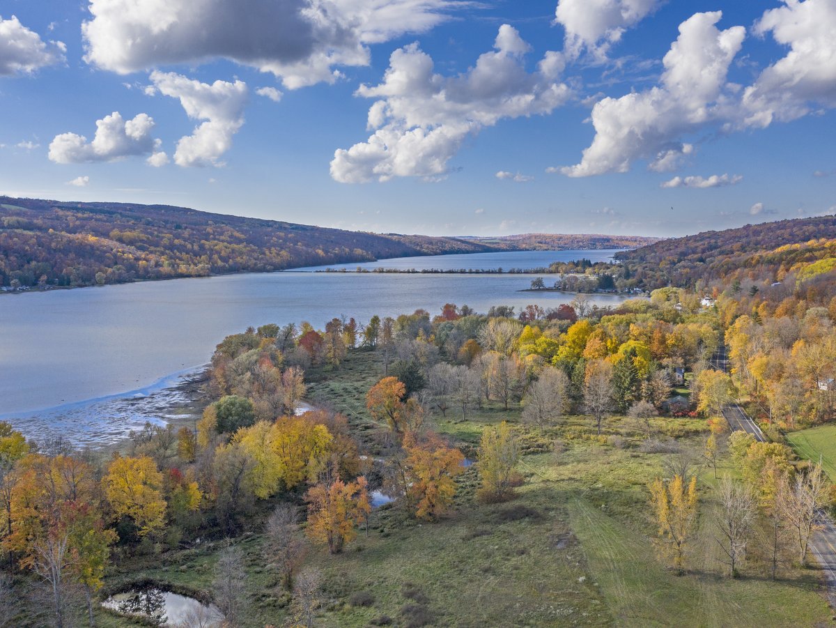 An aerial view of a lake and trees with fall colors