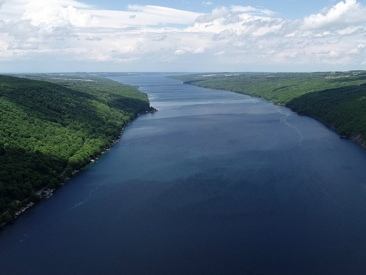 An aerial view of a long skinny blue lake framed by green hills