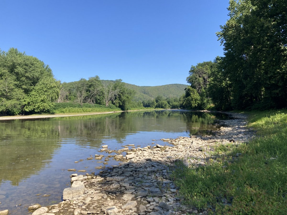 A river with green hills in the distance