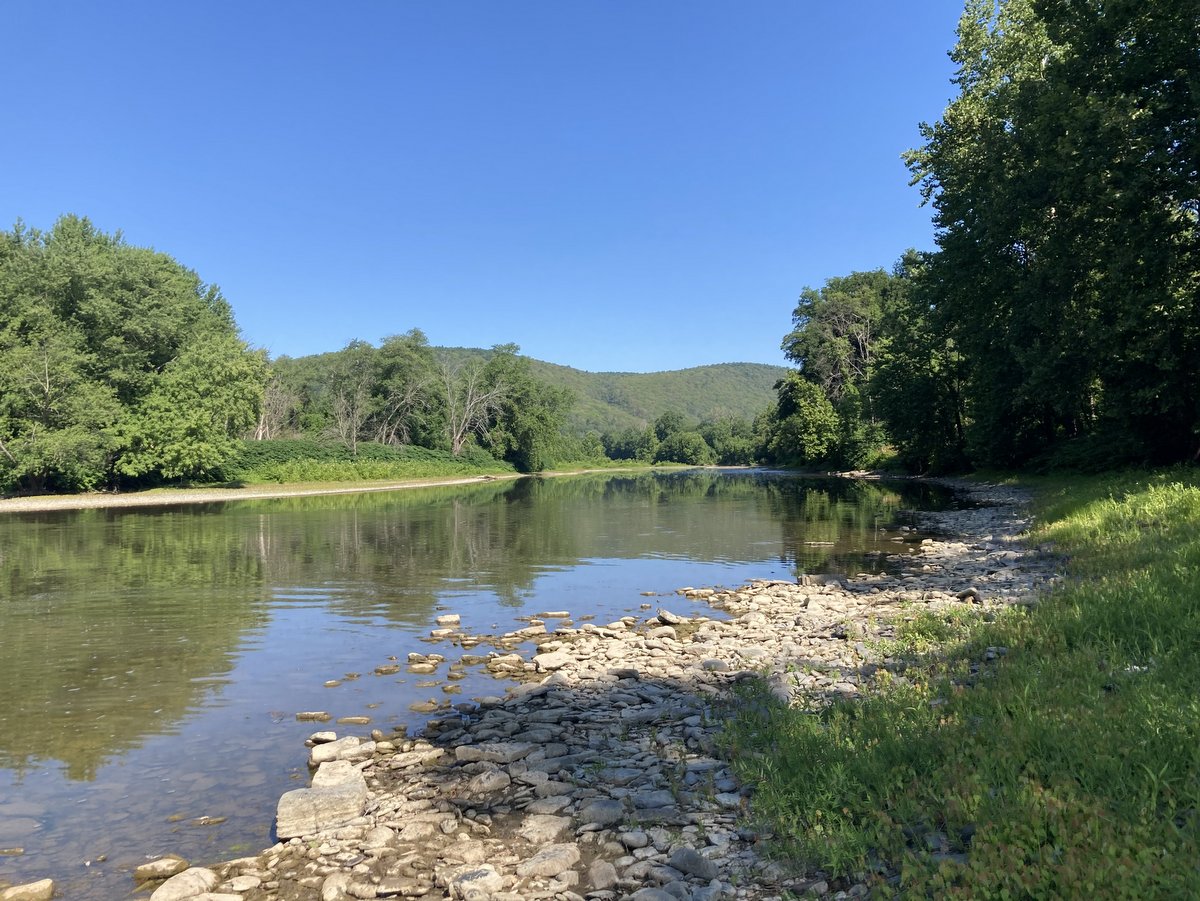 A rocky riverbank with green hills and trees in the background