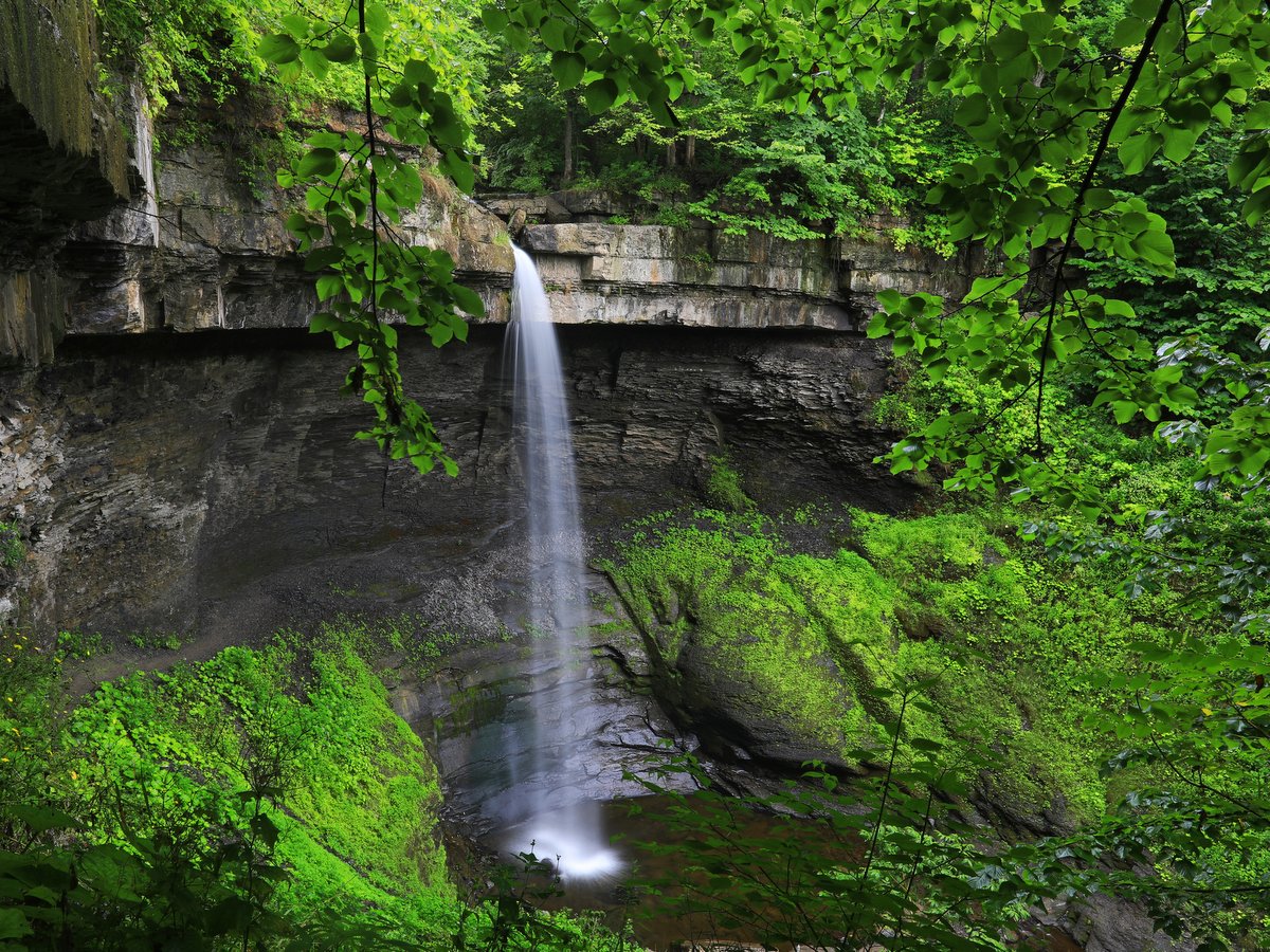 A long skinny waterfall surrounded by green vegetation 