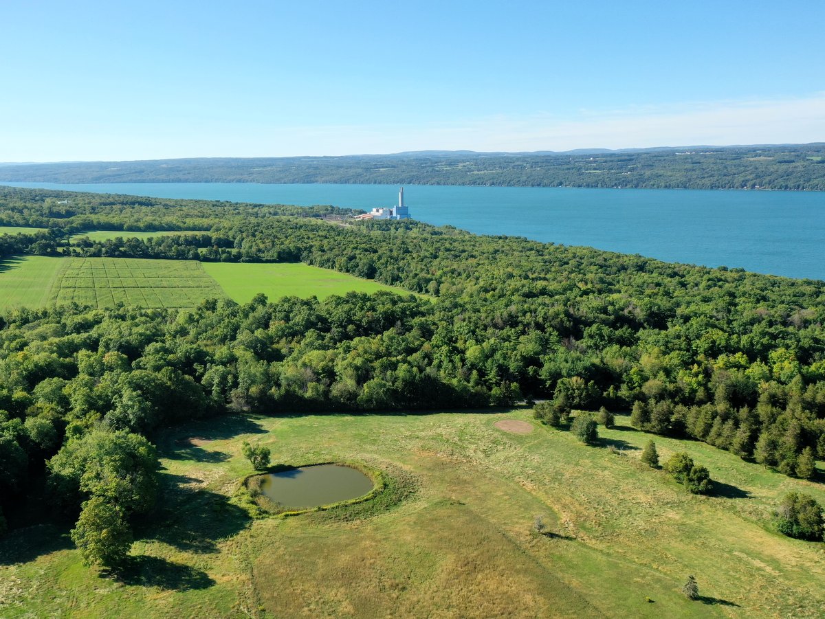 An aerial view of open fields, woodlands, and a long skinny lake in the background