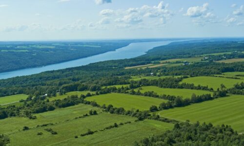 An aerial view of farmland with a lake in the distance