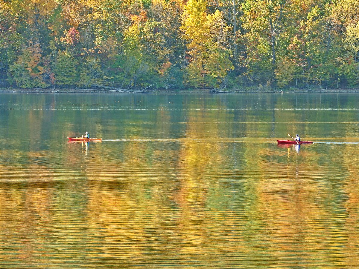 Two people kayaking on a lake