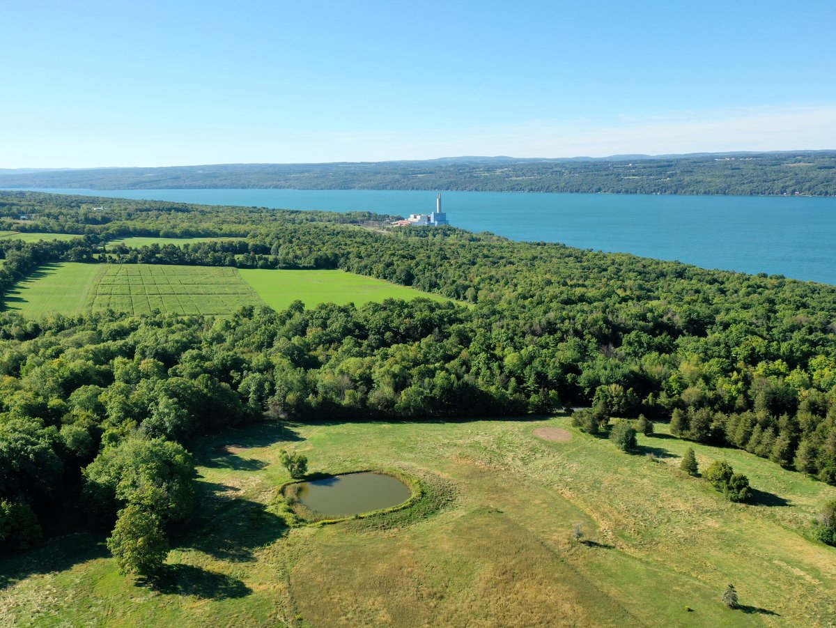 An aerial view of fields and woodlands above a long blue lake