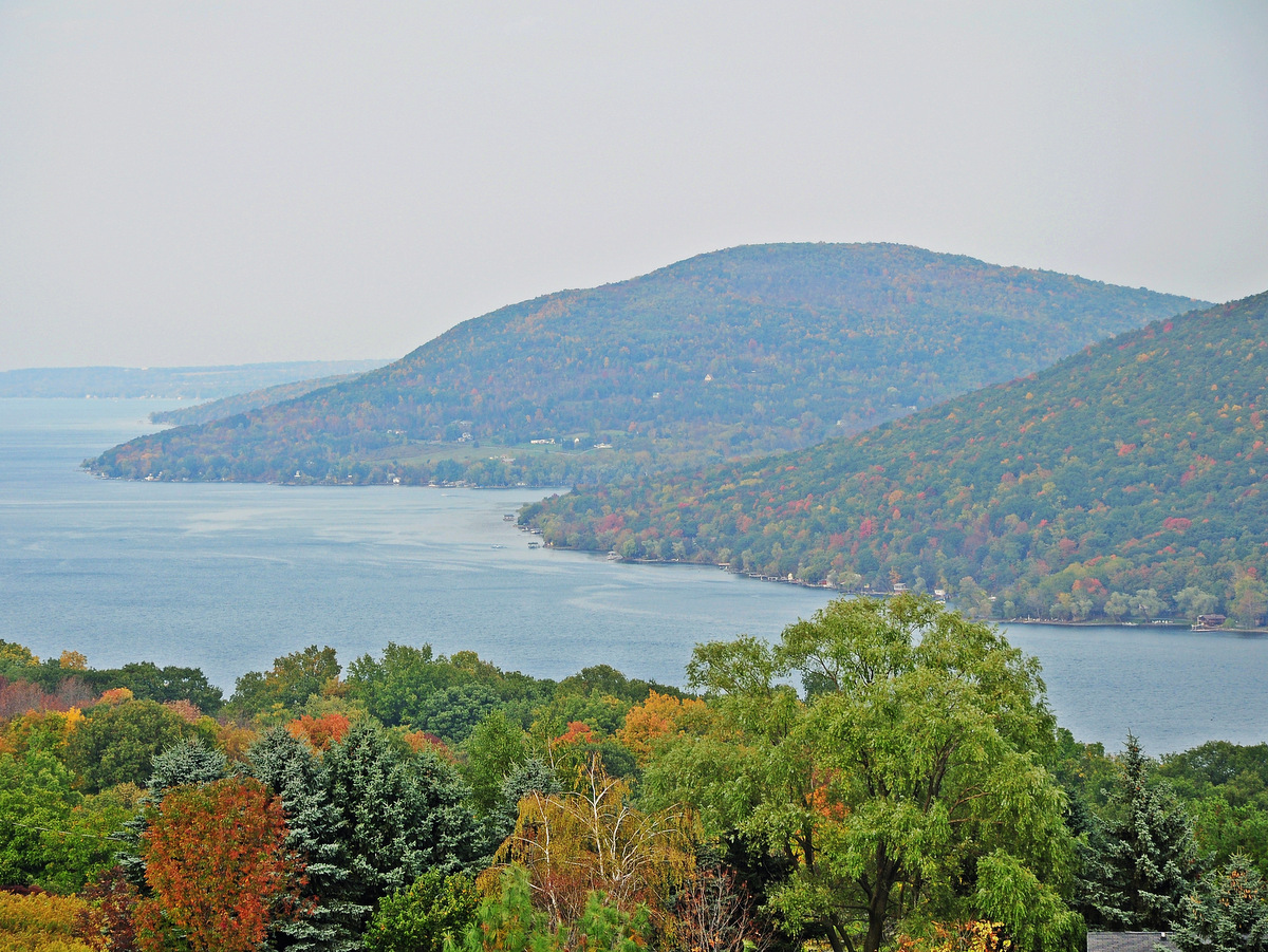 Two hillsides on the shore of a lake