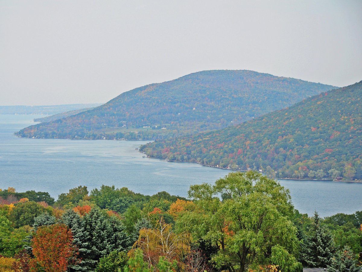 Two hillsides on the shore of a lake