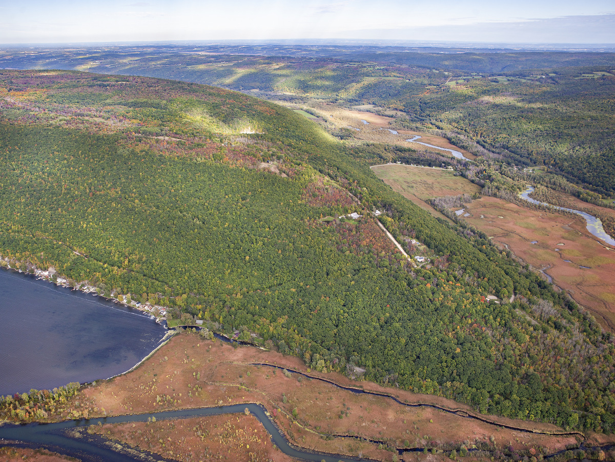An aerial view of a hillside above a lake 